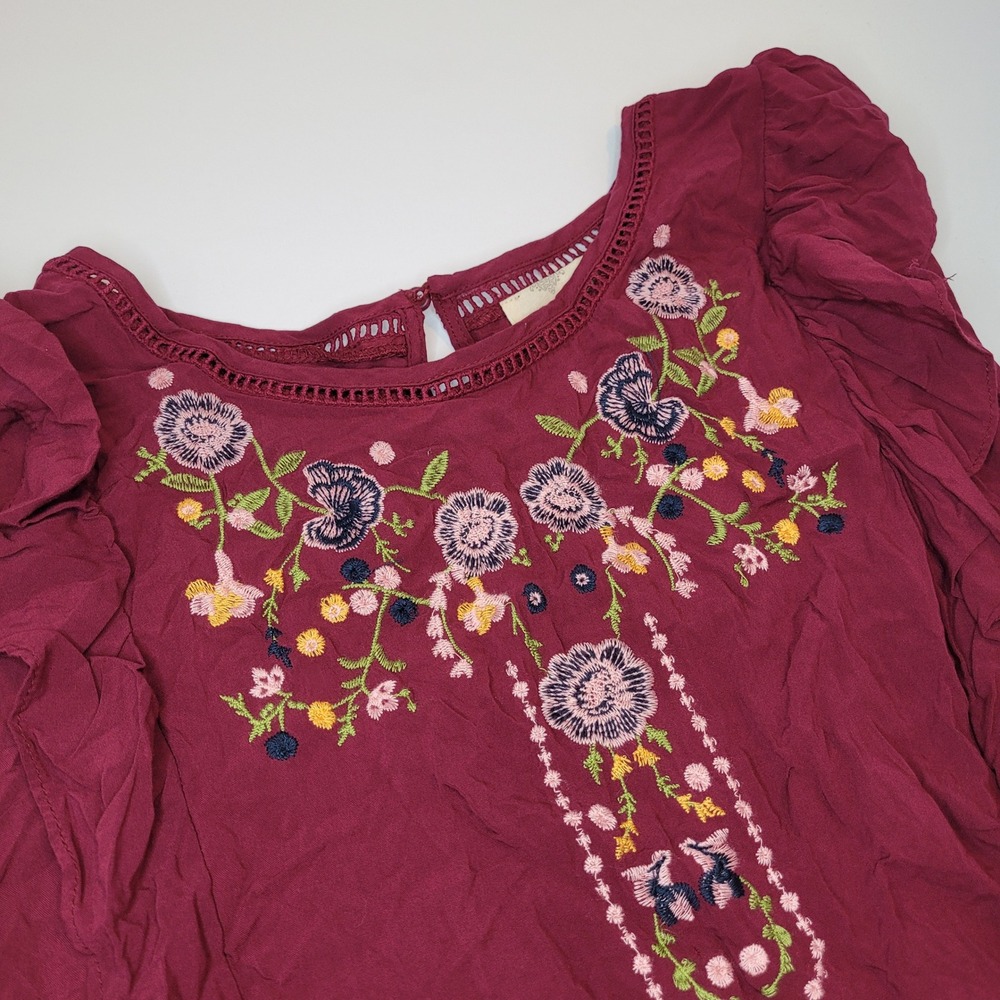 Perch by Blu Pepper Blouse Womens 2XL Burgundy Floral Ruffle Embroidered Top